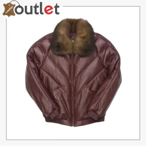 Burgundy Color Real Quality Fur V Bomber Leather Jacket