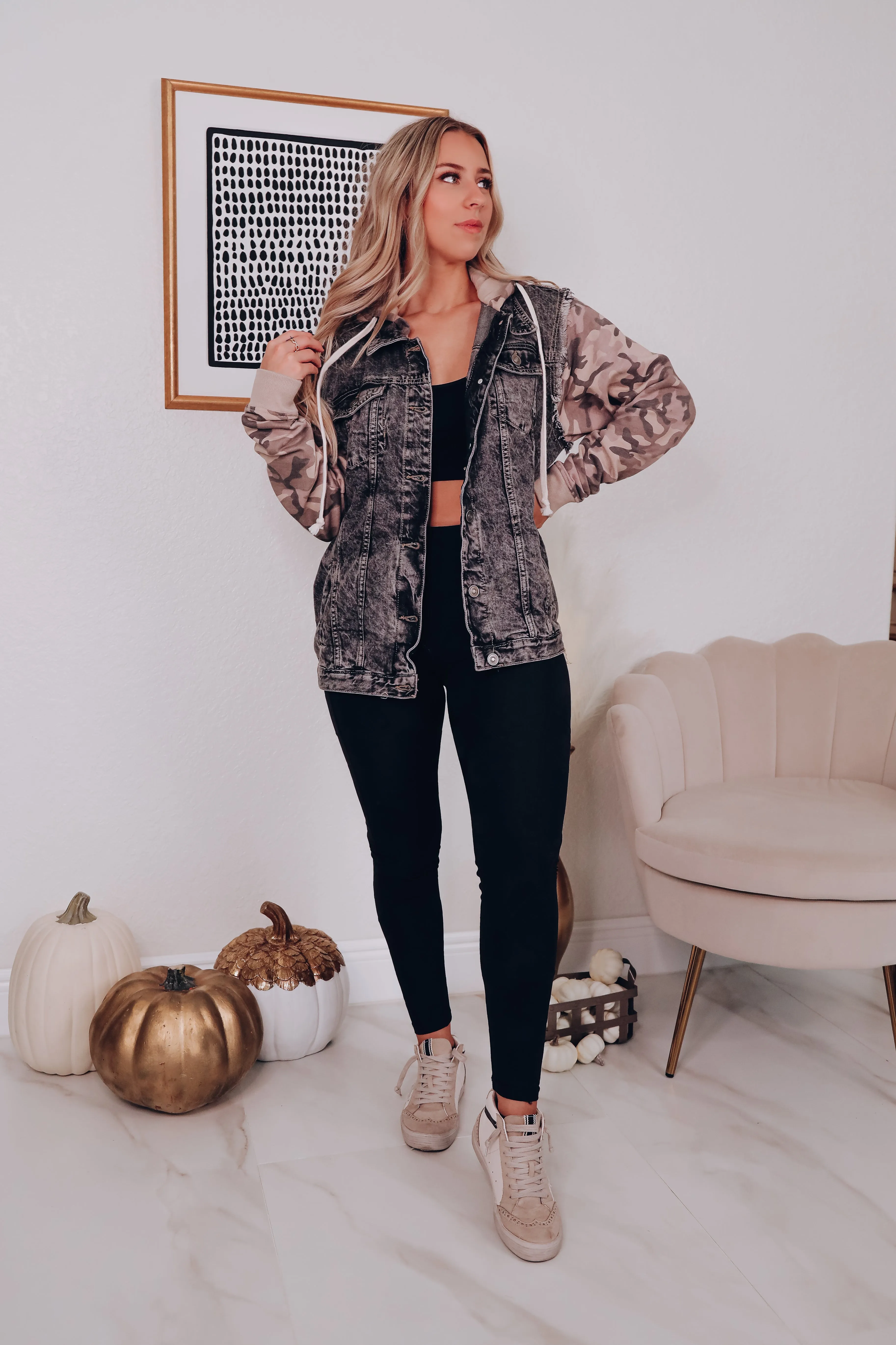 Camo N Denim Drawstring Hoodie Jacket