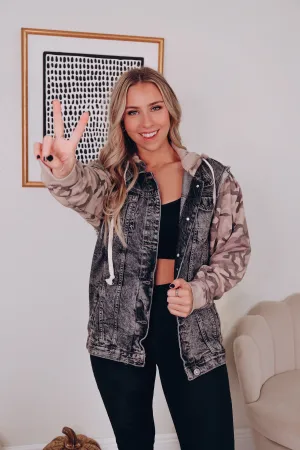 Camo N Denim Drawstring Hoodie Jacket