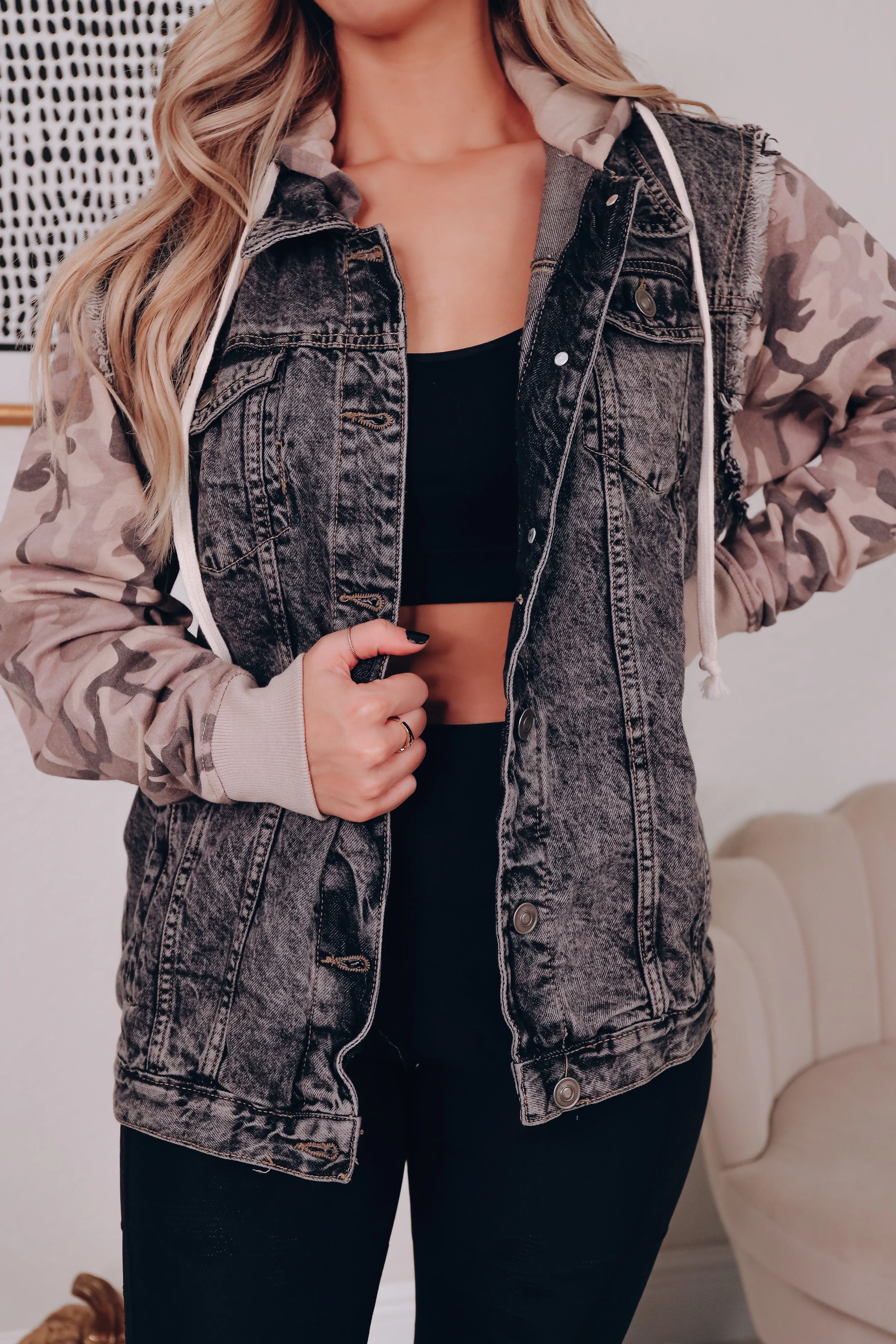 Camo N Denim Drawstring Hoodie Jacket