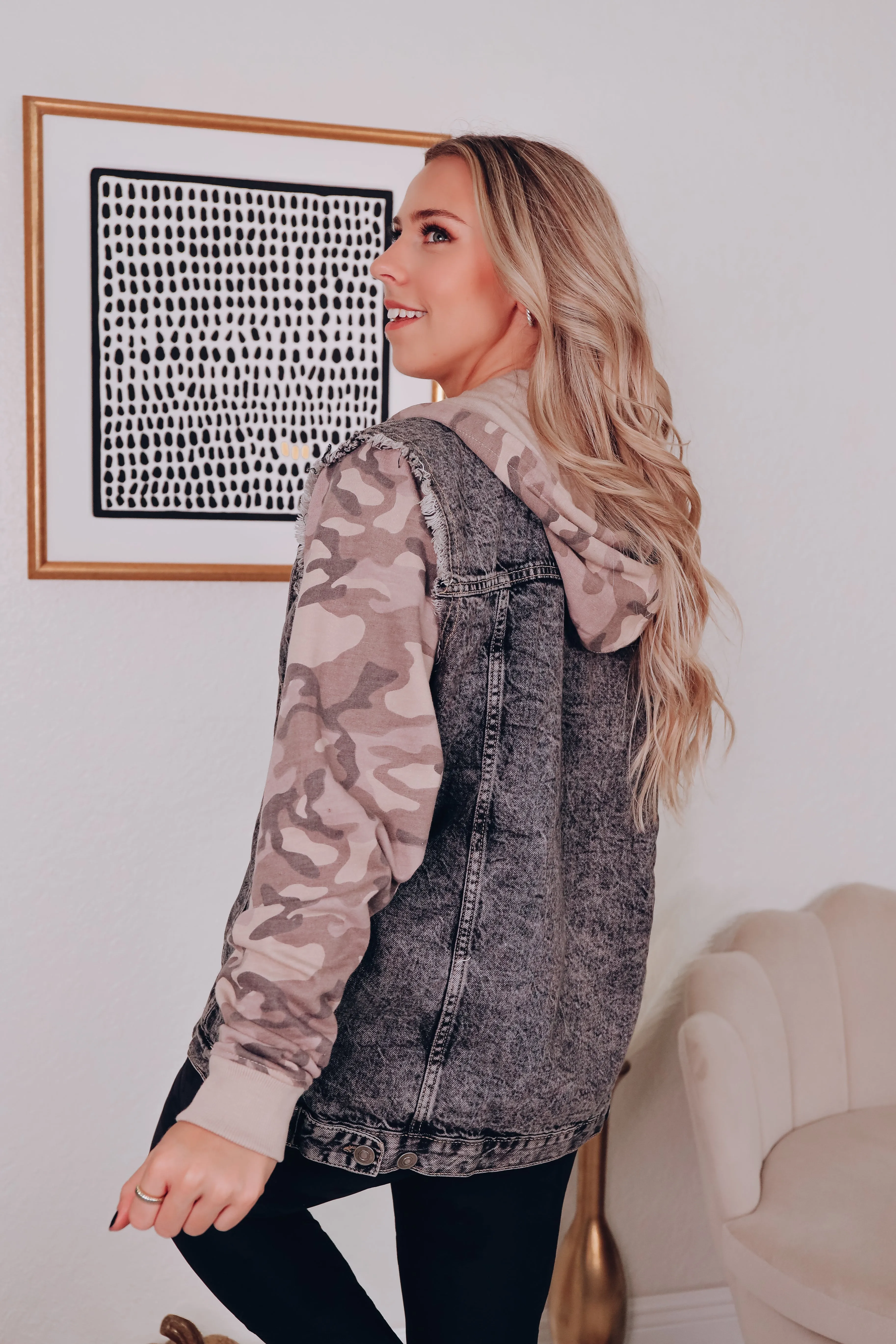 Camo N Denim Drawstring Hoodie Jacket