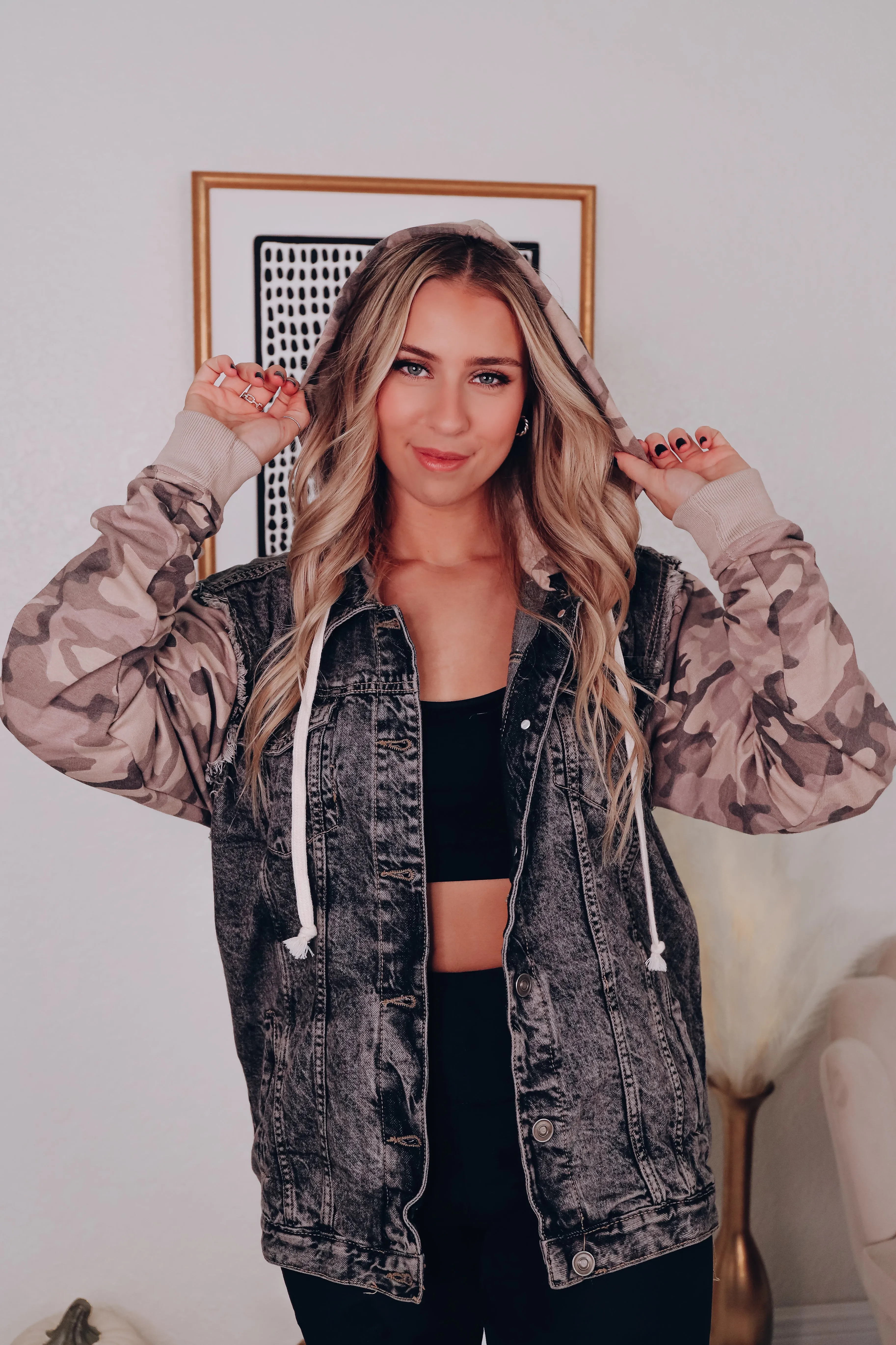 Camo N Denim Drawstring Hoodie Jacket