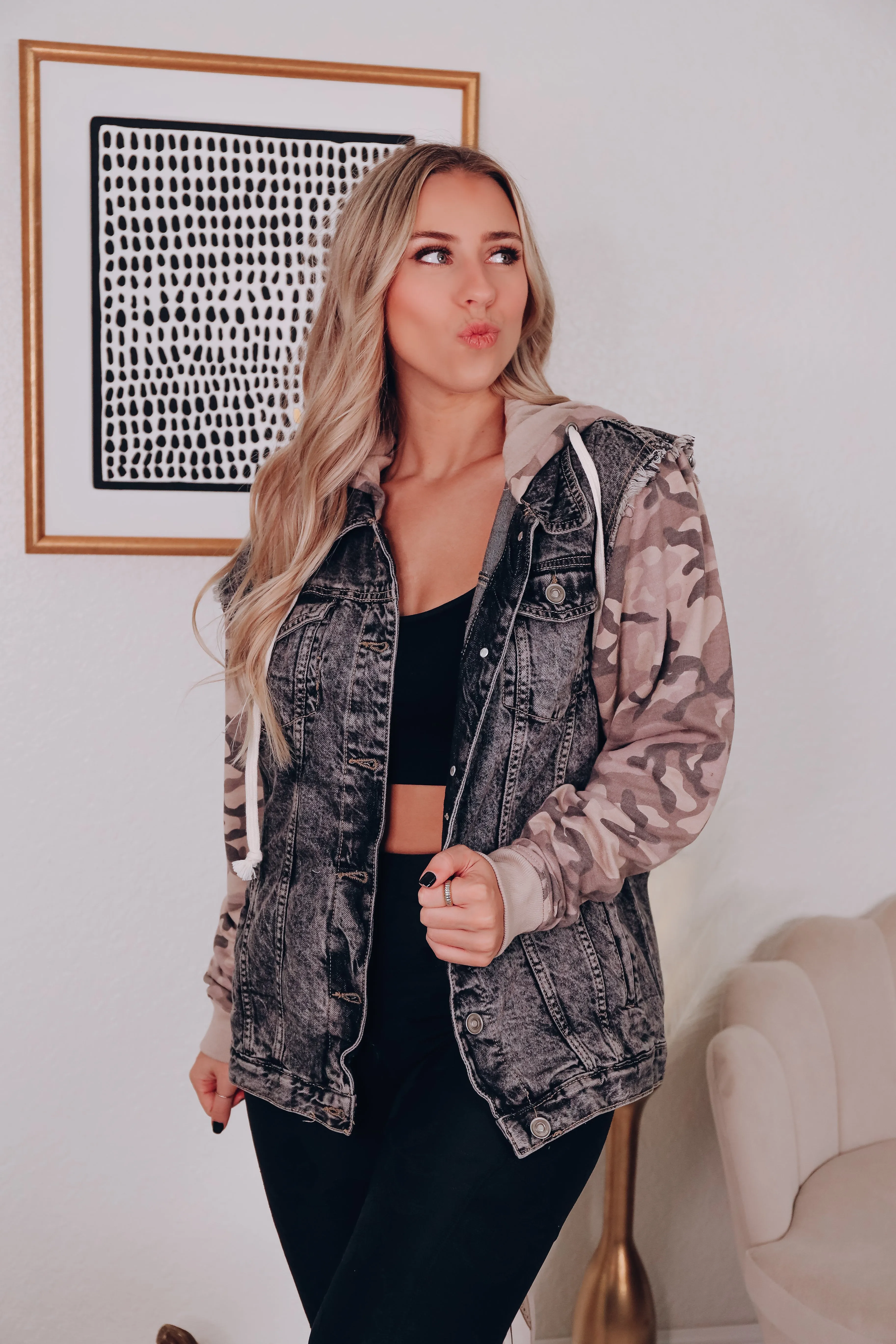 Camo N Denim Drawstring Hoodie Jacket
