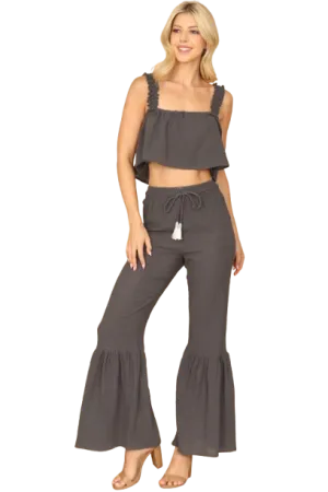Charcoal Ruffle Strap Flowy Crop Top & Flounce Pants Set - Pack of 6