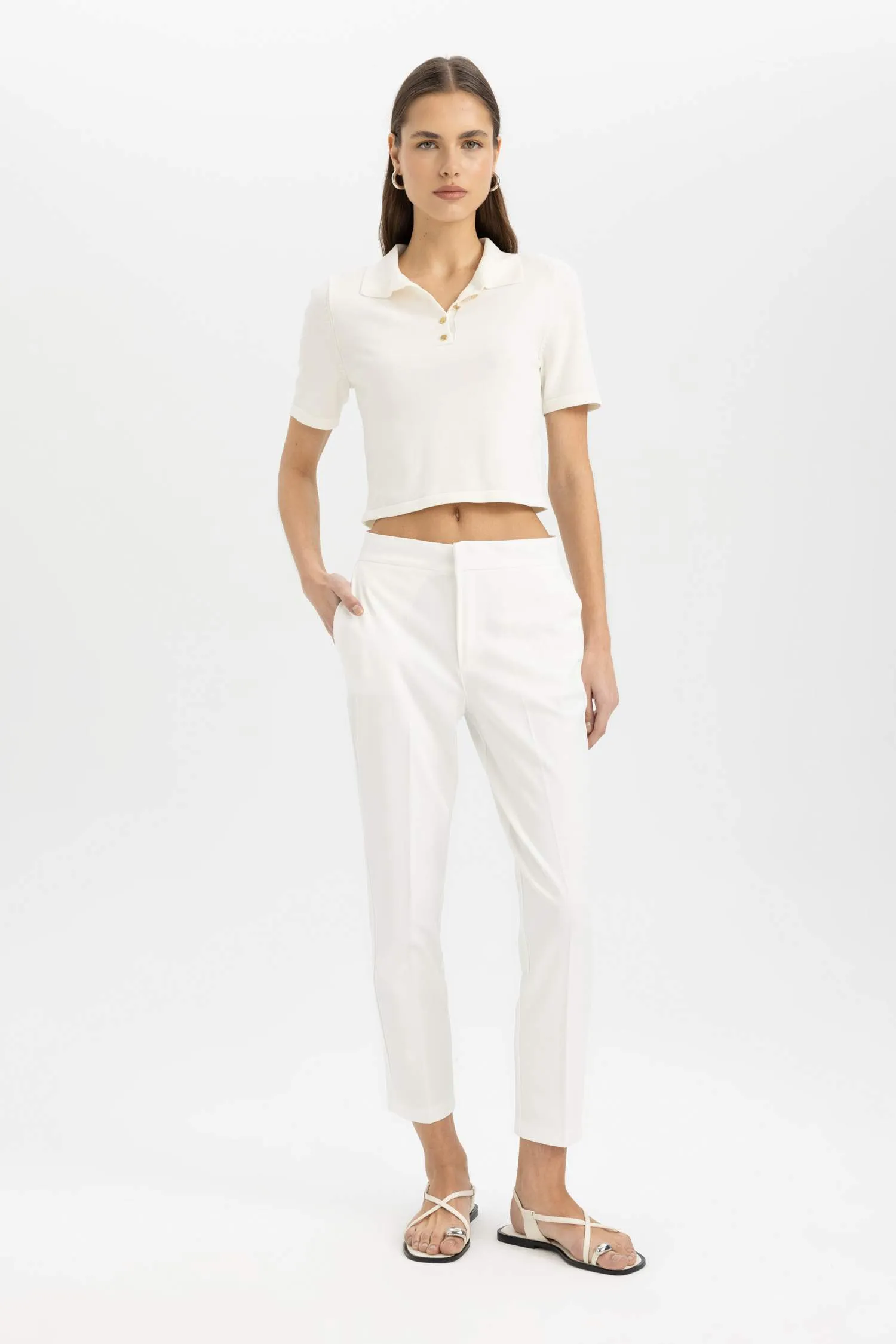Classic Chino Fabric Pants Normal Waist Basic Straight Pocket Wrist Length