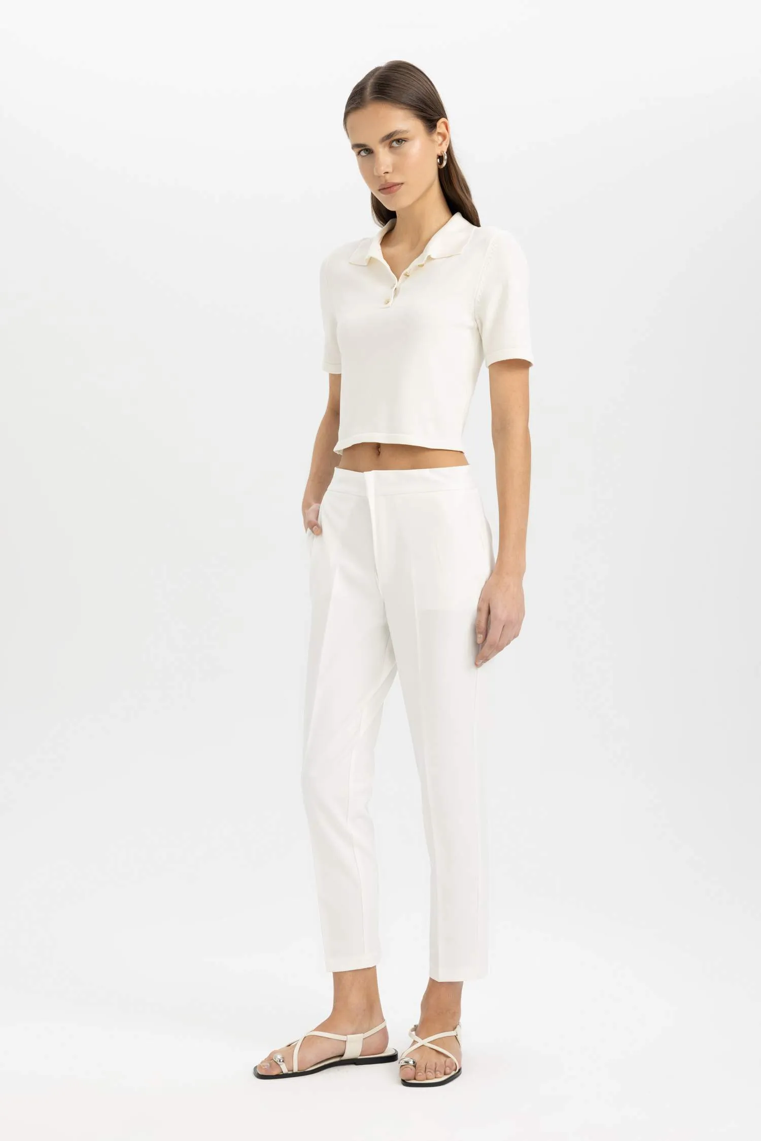 Classic Chino Fabric Pants Normal Waist Basic Straight Pocket Wrist Length