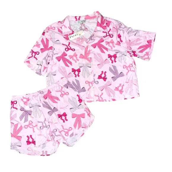 Coquette Pink Bow Pajamas Womens Medium Boxers Set PJS Viral Girly Sleep Lounge