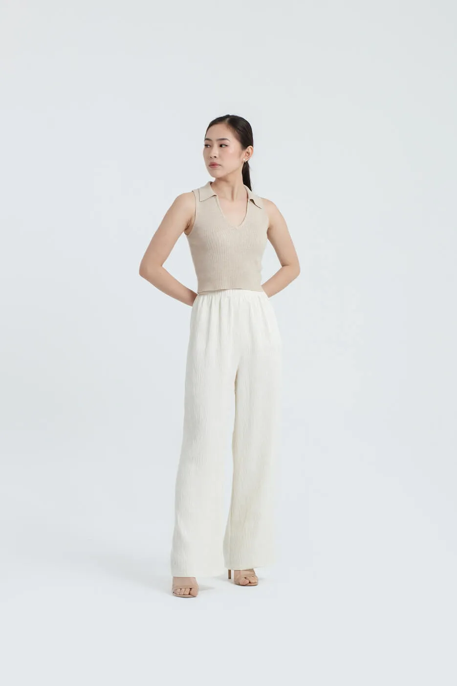 Cream Crinkle Loose Pants