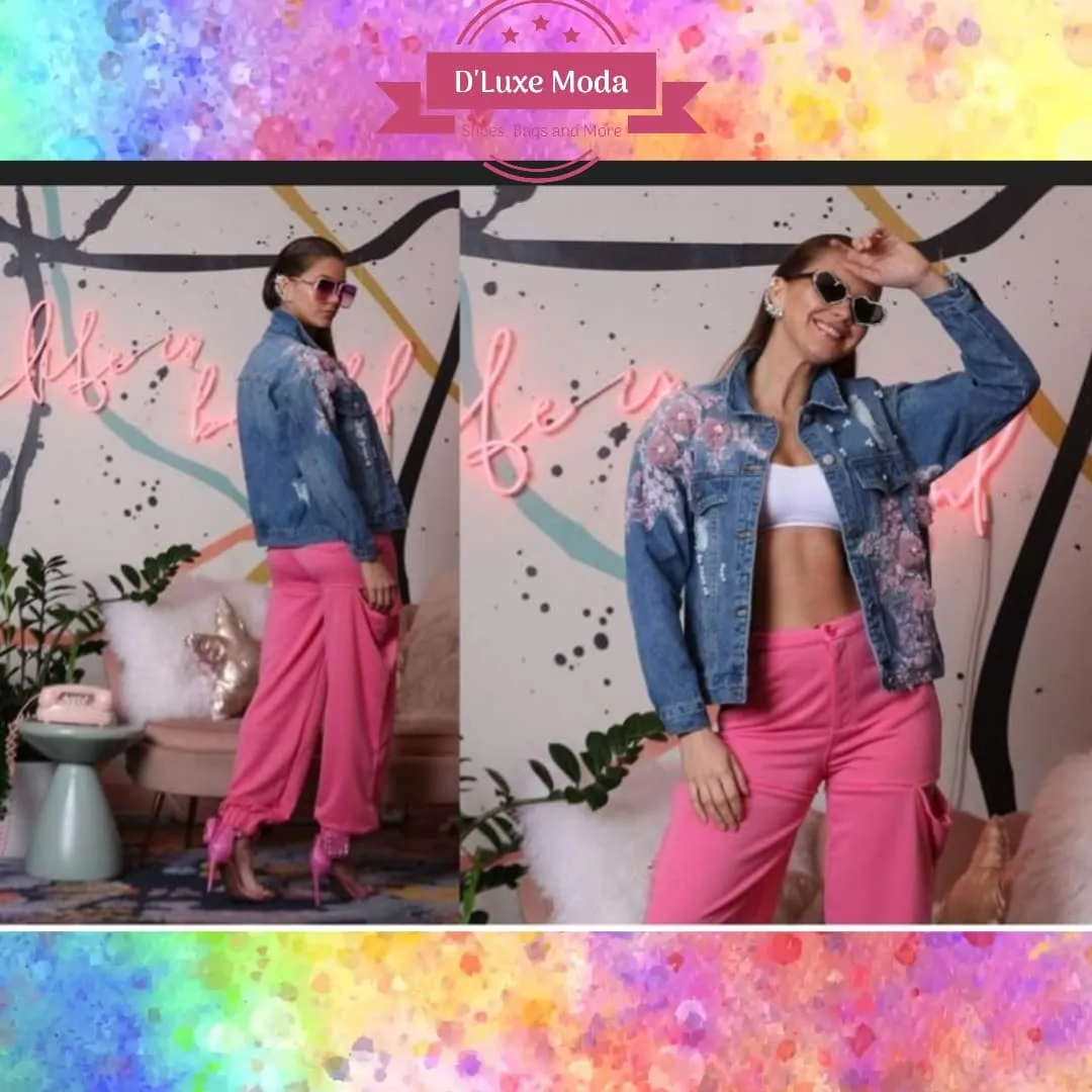 Denim Jacket with Pink Flowers