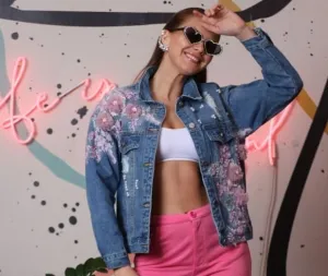Denim Jacket with Pink Flowers