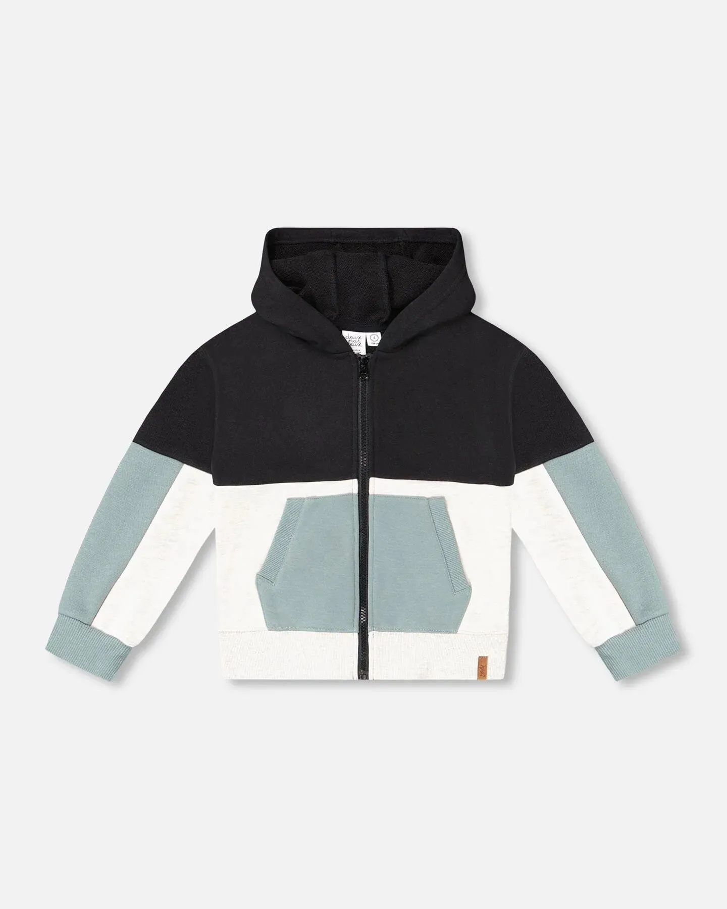 Deux Par Deux French Terry Color Block Full Zip Hoodie Cardigan Sweatshirt  - Anthracite