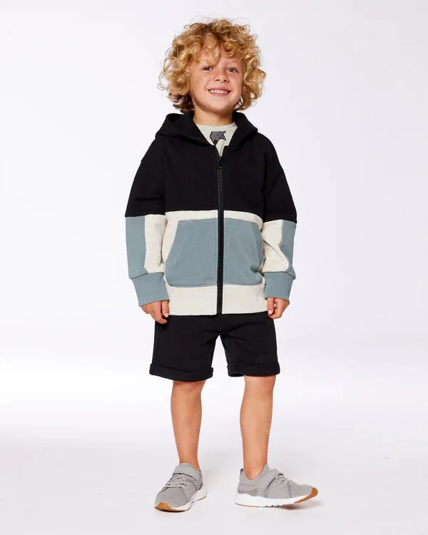 Deux Par Deux French Terry Color Block Full Zip Hoodie Cardigan Sweatshirt  - Anthracite