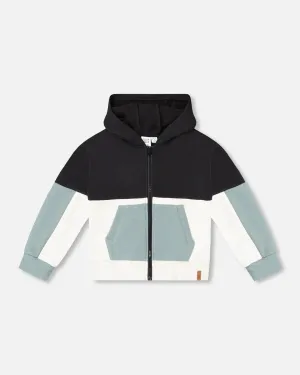 Deux Par Deux French Terry Color Block Full Zip Hoodie Cardigan Sweatshirt  - Anthracite