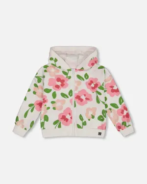 Deux Par Deux Printed French Terry Hoodie Cardigan - Pink Flowers On White Background
