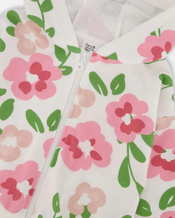 Deux Par Deux Printed French Terry Hoodie Cardigan - Pink Flowers On White Background