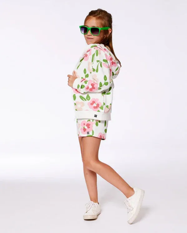 Deux Par Deux Printed French Terry Hoodie Cardigan - Pink Flowers On White Background