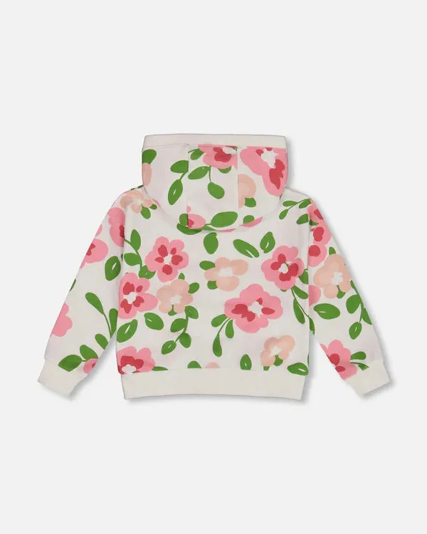 Deux Par Deux Printed French Terry Hoodie Cardigan - Pink Flowers On White Background