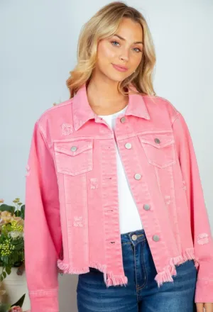 Distressed Denim Jacket in Pink