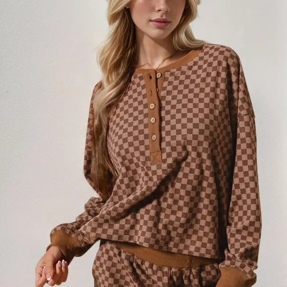 Double Take Checkered Half-Button Top and Shorts Set - Stylish &amp; Comfortable 2Pc