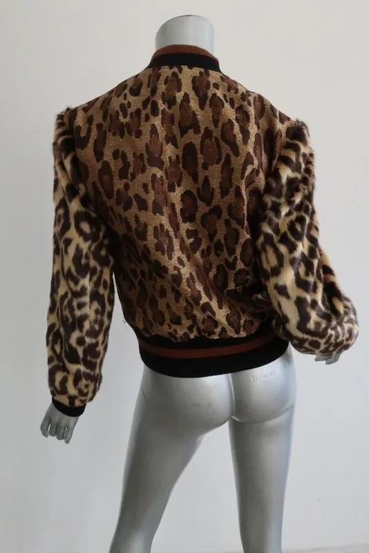 Dries Van Noten Leopard Print Metallic Bomber Jacket W/ Faux Fur Sleeves Sz Small