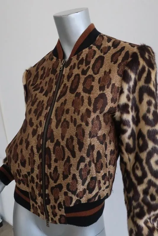 Dries Van Noten Leopard Print Metallic Bomber Jacket W/ Faux Fur Sleeves Sz Small