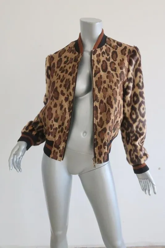 Dries Van Noten Leopard Print Metallic Bomber Jacket W/ Faux Fur Sleeves Sz Small