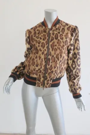 Dries Van Noten Leopard Print Metallic Bomber Jacket W/ Faux Fur Sleeves Sz Small