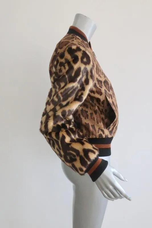 Dries Van Noten Leopard Print Metallic Bomber Jacket W/ Faux Fur Sleeves Sz Small