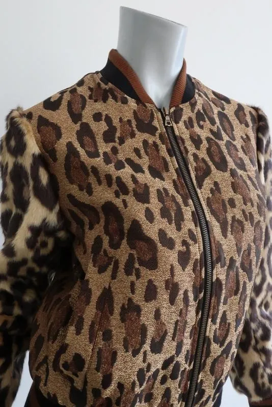 Dries Van Noten Leopard Print Metallic Bomber Jacket W/ Faux Fur Sleeves Sz Small