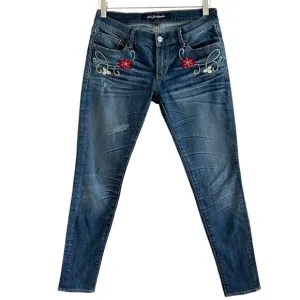 Driftwood Floral Embroidered Skinny Jeans 27 Low Rise Y2K Boho Hippie Grunge