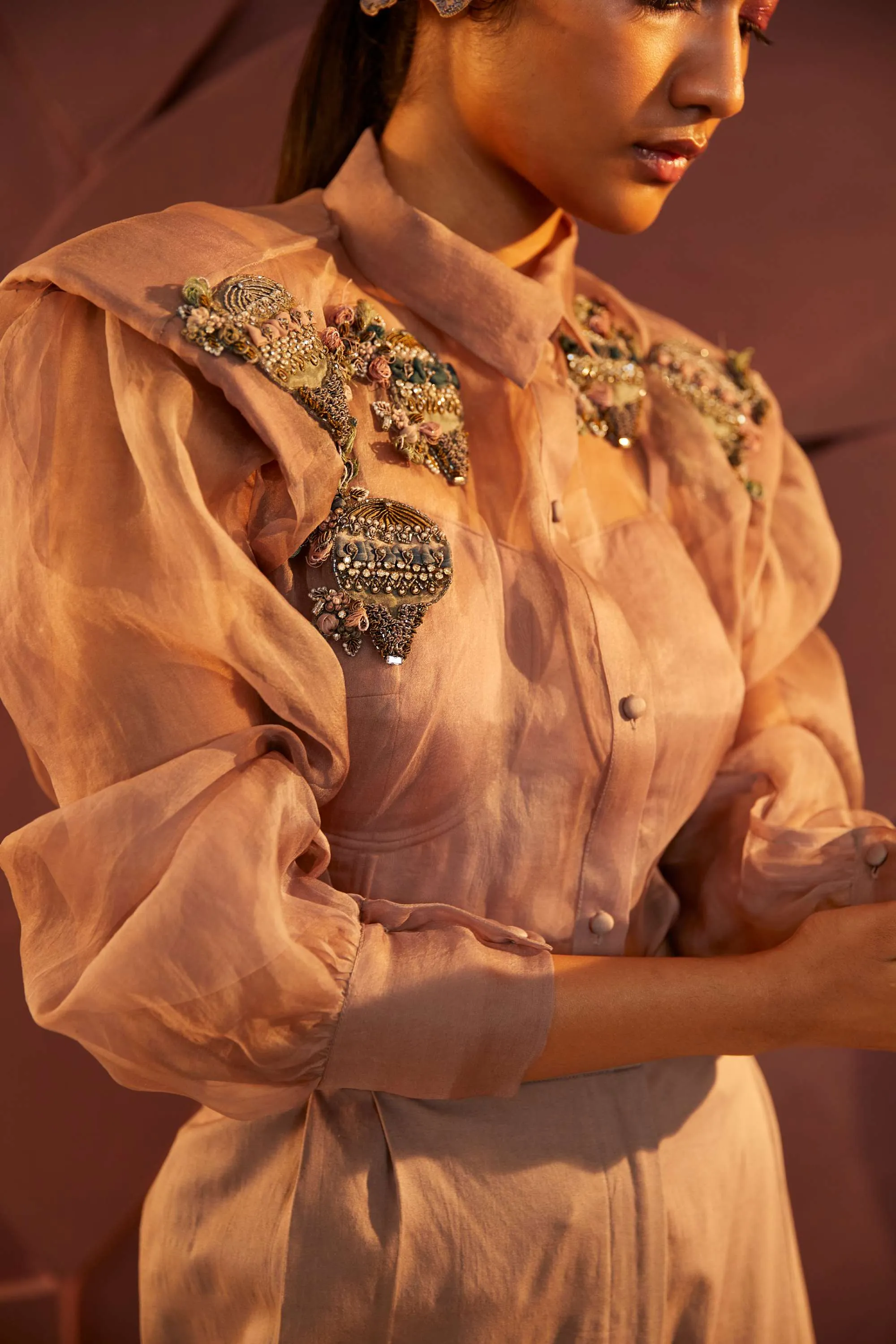 Dusty Rose Organza Shirt And Pant Set
