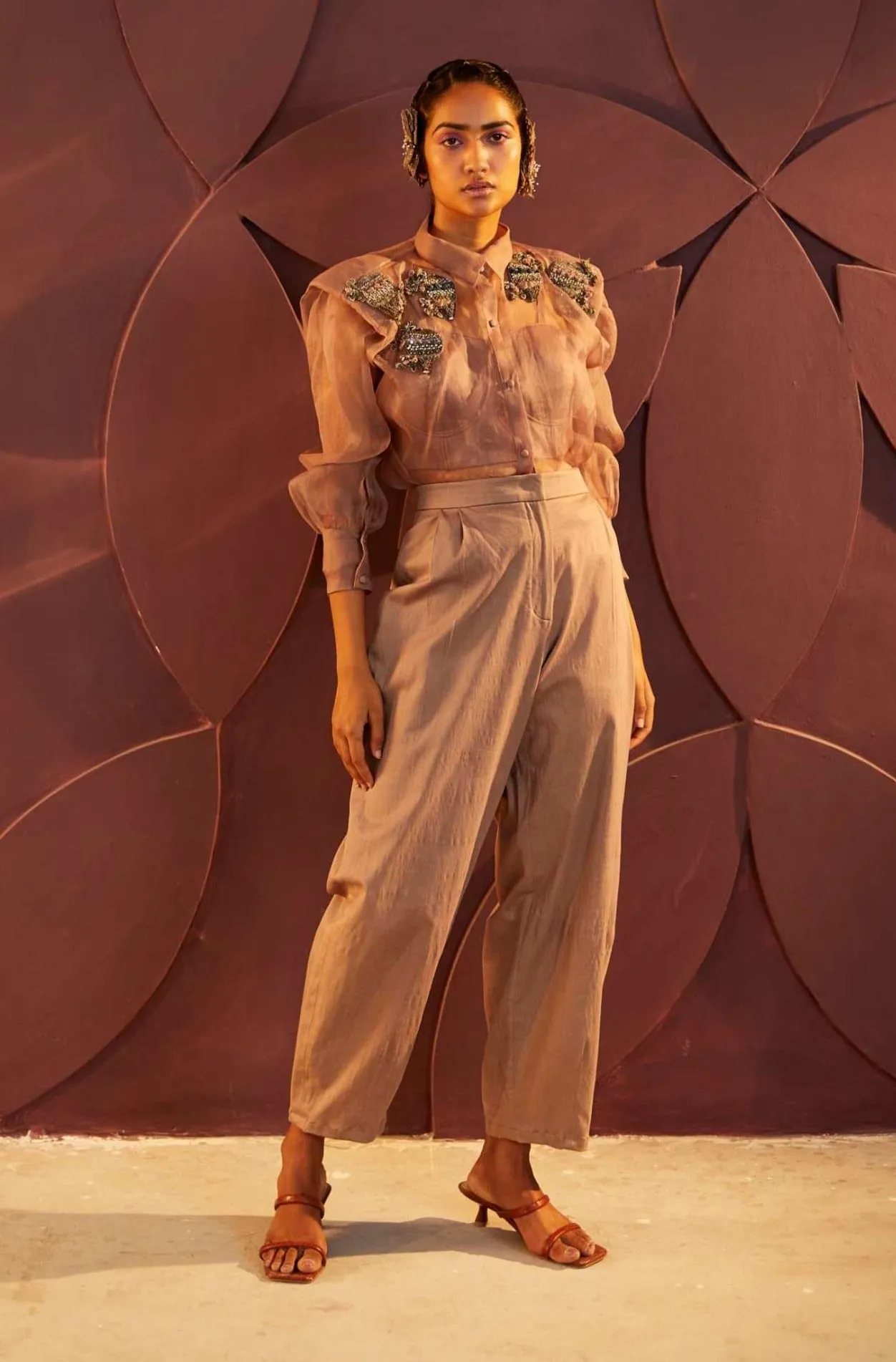 Dusty Rose Organza Shirt And Pant Set