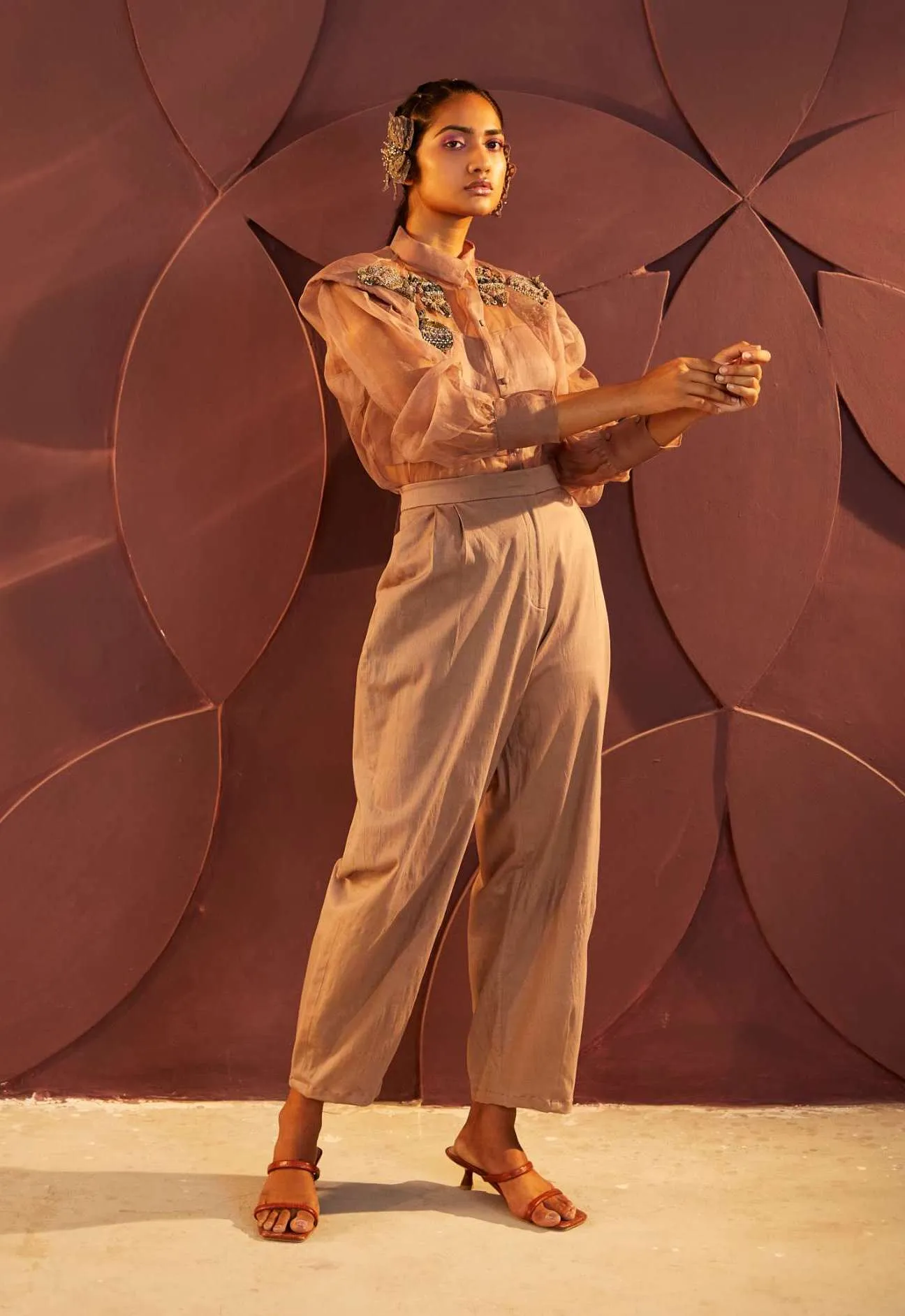 Dusty Rose Organza Shirt And Pant Set