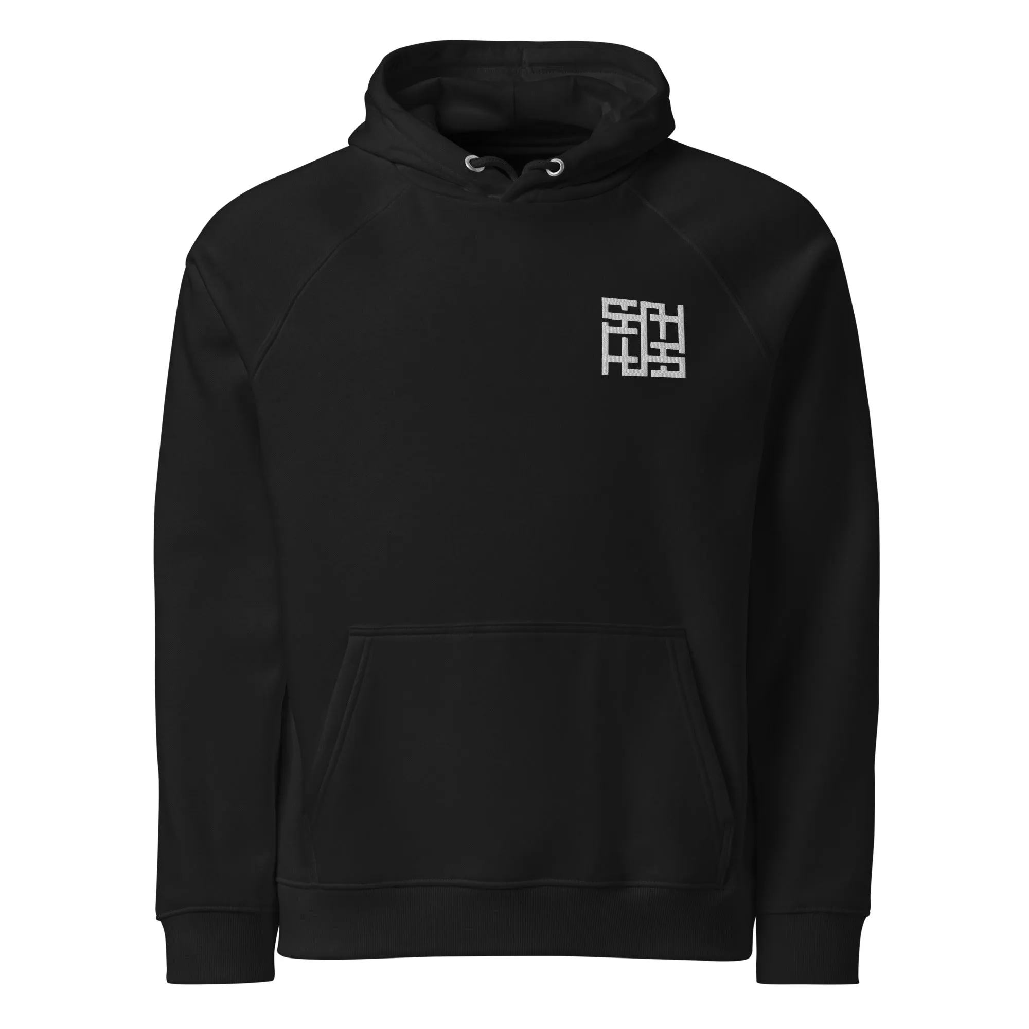 Emblem Embroidered on Front of Black Sweatshirt Nova Edge Threads Emblem Clean Black Eco Raglan Hoodie