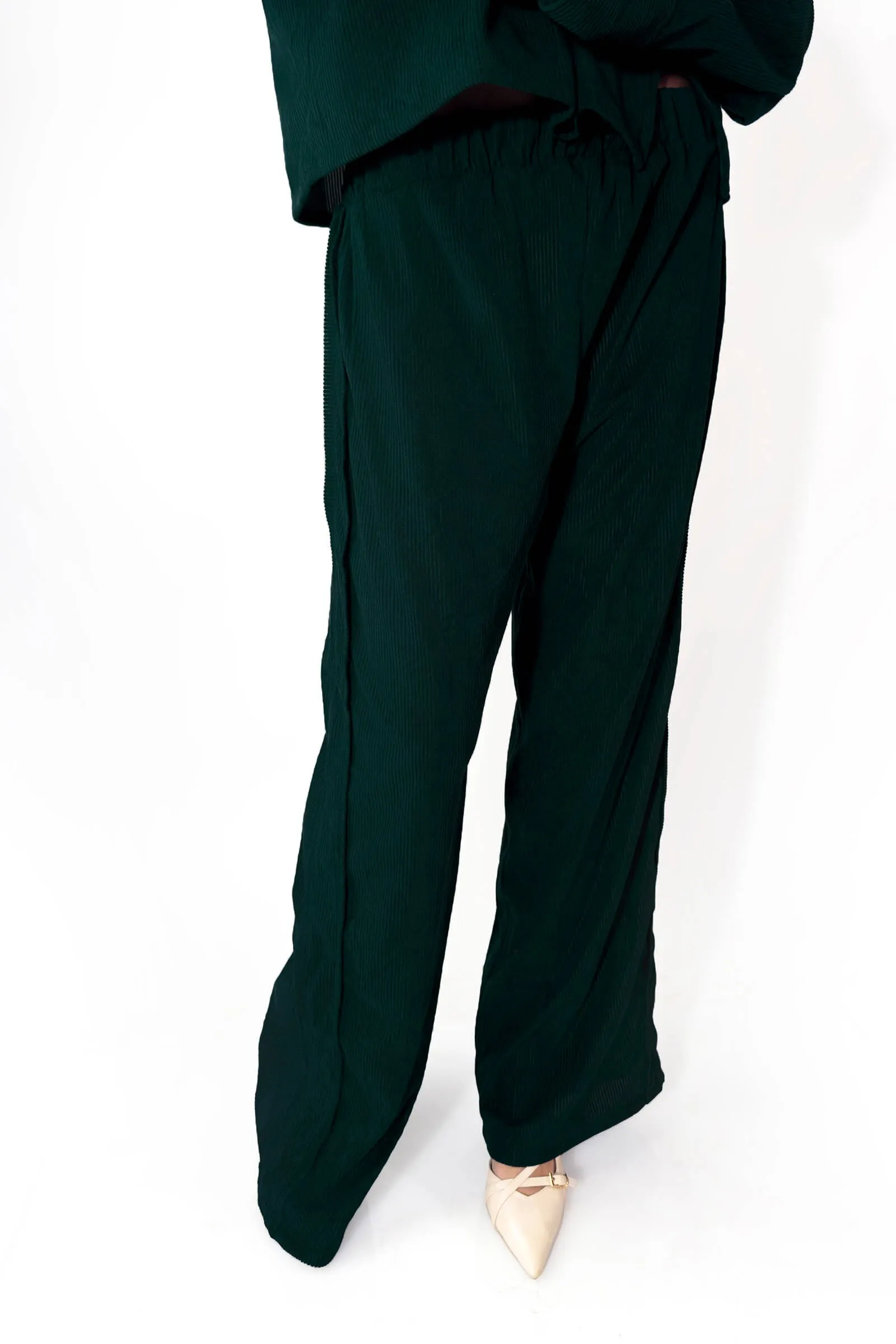 Emerald Bella Ribbed Long-Sleeve Top & Wide-Leg Pants Set