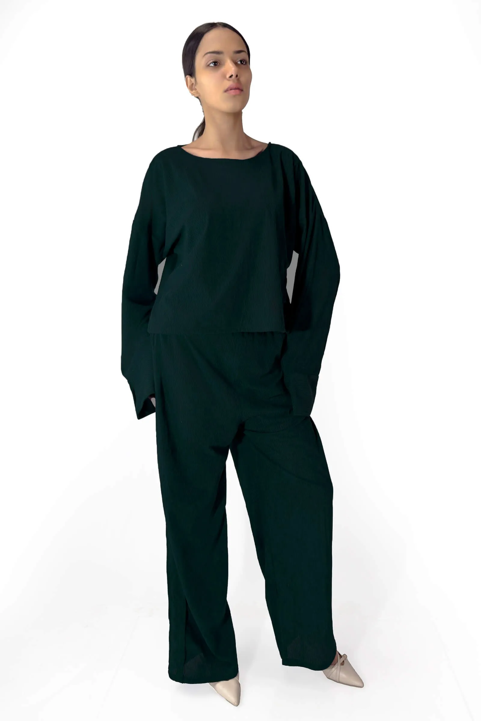 Emerald Bella Ribbed Long-Sleeve Top & Wide-Leg Pants Set