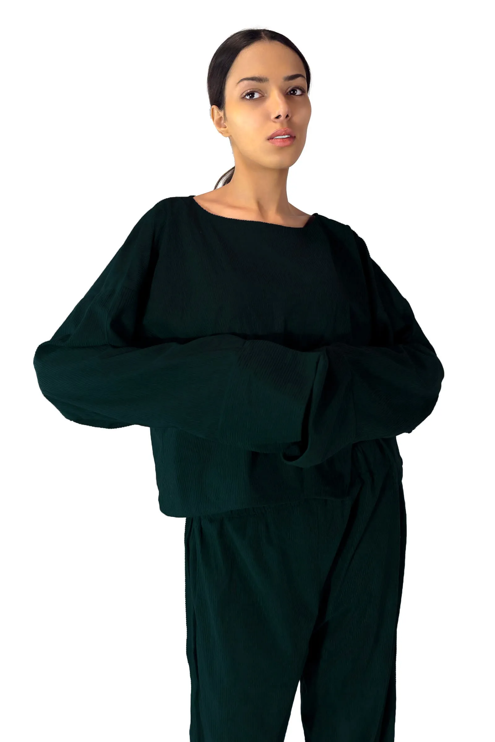 Emerald Bella Ribbed Long-Sleeve Top & Wide-Leg Pants Set