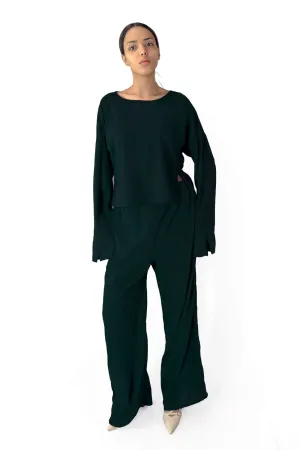 Emerald Bella Ribbed Long-Sleeve Top & Wide-Leg Pants Set