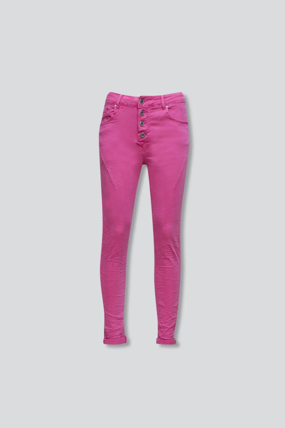 Exposed buttons skinny jeans in fuchsia