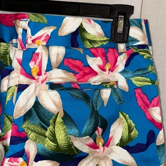 Express 2 Tropical Floral Blue Pink Beige Green Cuffed Hem Chino Shorts