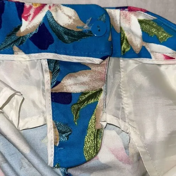 Express 2 Tropical Floral Blue Pink Beige Green Cuffed Hem Chino Shorts