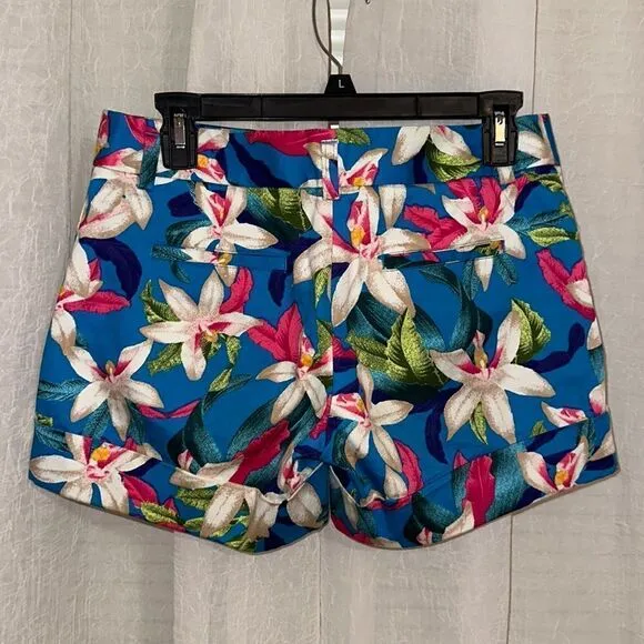 Express 2 Tropical Floral Blue Pink Beige Green Cuffed Hem Chino Shorts