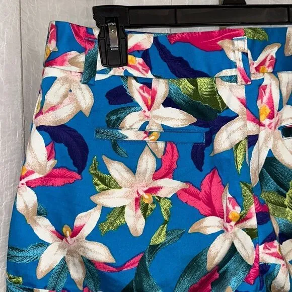 Express 2 Tropical Floral Blue Pink Beige Green Cuffed Hem Chino Shorts