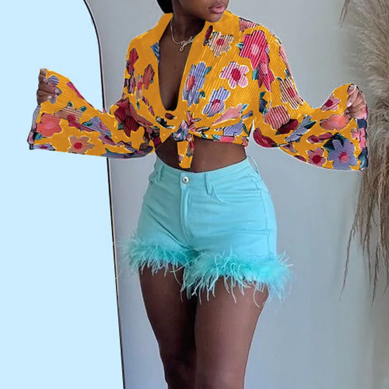 Floral Print Flard Sleeve 2PCS Blouse Set