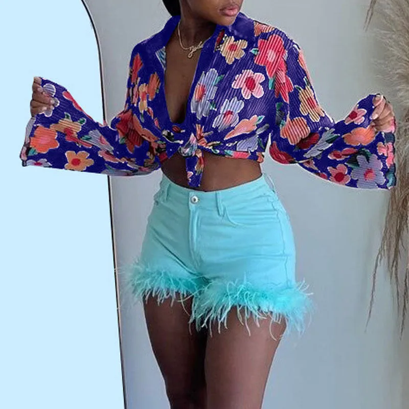 Floral Print Flard Sleeve 2PCS Blouse Set