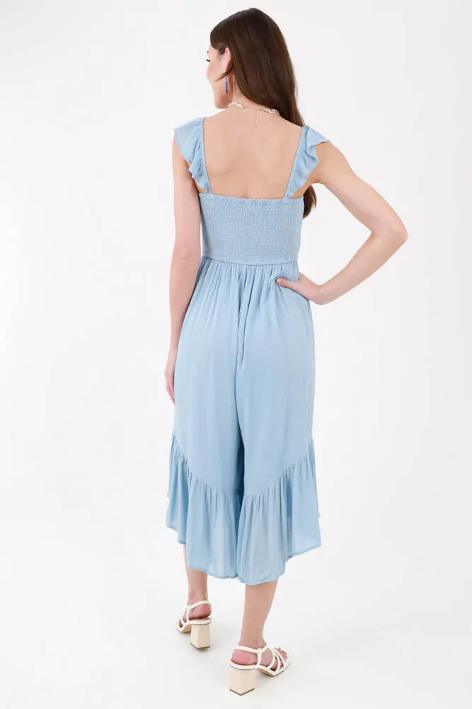 Flowy Smocked Jumpsuit -Light Blue