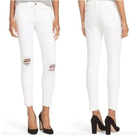 Frame Le Skinny De Jeanne Crop Jeans Raw Hem Distressed White Women’s Size 24