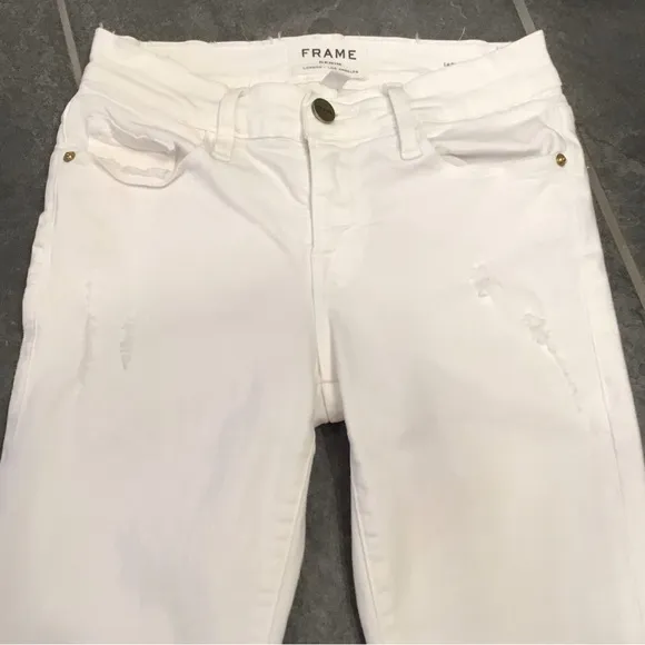 Frame Le Skinny De Jeanne Crop Jeans Raw Hem Distressed White Women’s Size 24