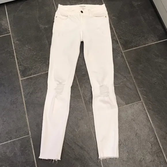 Frame Le Skinny De Jeanne Crop Jeans Raw Hem Distressed White Women’s Size 24