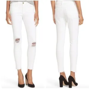 Frame Le Skinny De Jeanne Crop Jeans Raw Hem Distressed White Women’s Size 24